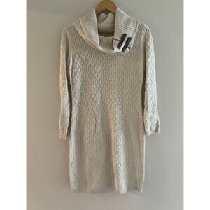 Sandra Darren Long Sleeve Cable Knit Sweater Dress Cowl Neck Beige Small JL